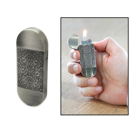 İsme Özel Yazılı Sarmaşık İşlemeli Oval Tasarım Antik Gümüş Renk Taşlı Çakmak - Tesbihane