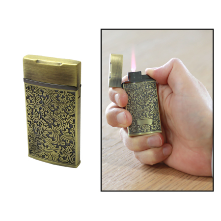 Kişiye Özel Yazılı Sarmaşık İşlemeli Oval Tasarım Antik Sarı Renk Manyetolu Çakmak - Tesbihane