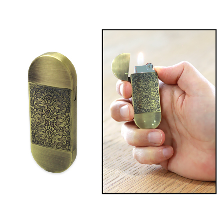 İsme Özel Yazılı Sarmaşık İşlemeli Oval Tasarım Antik Sarı Renk Taşlı Çakmak - Tesbihane