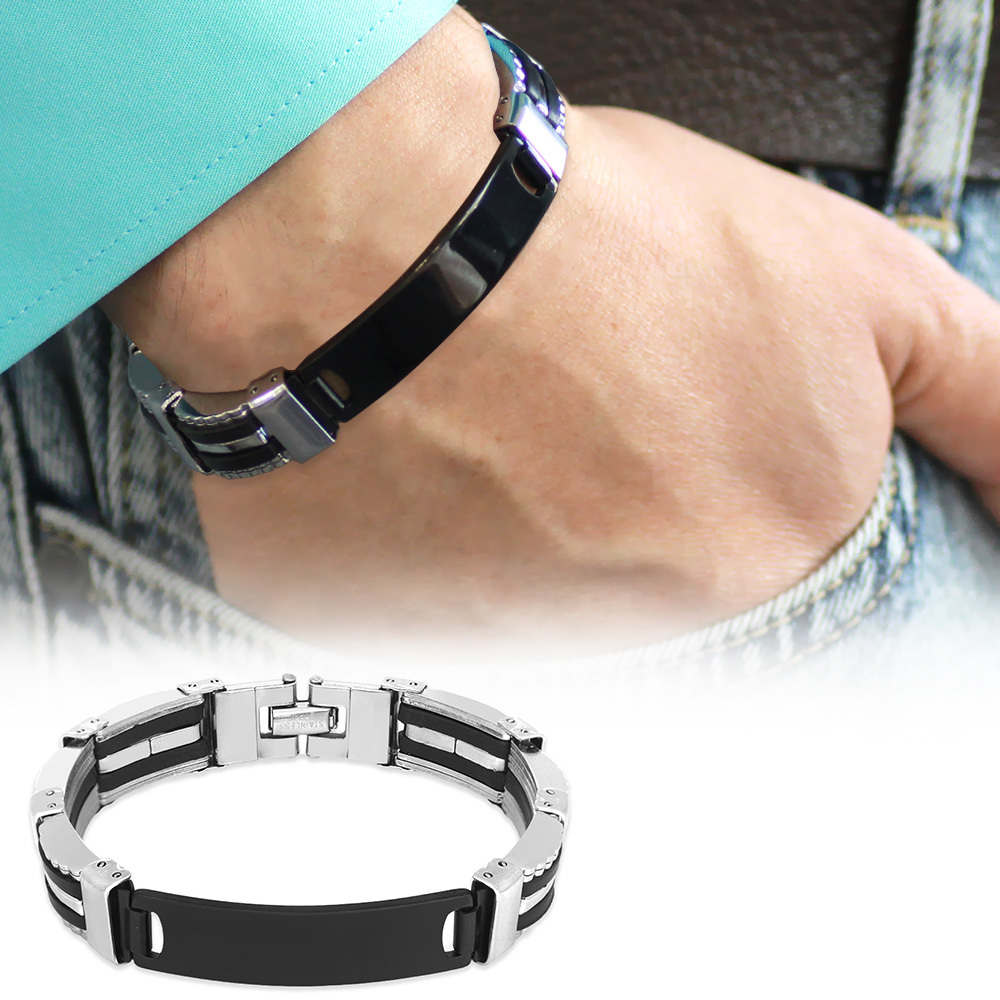 İsme Özel Yazılı Gümüş Siyah Renk Çelik Erkek Bileklik - M1 - 1