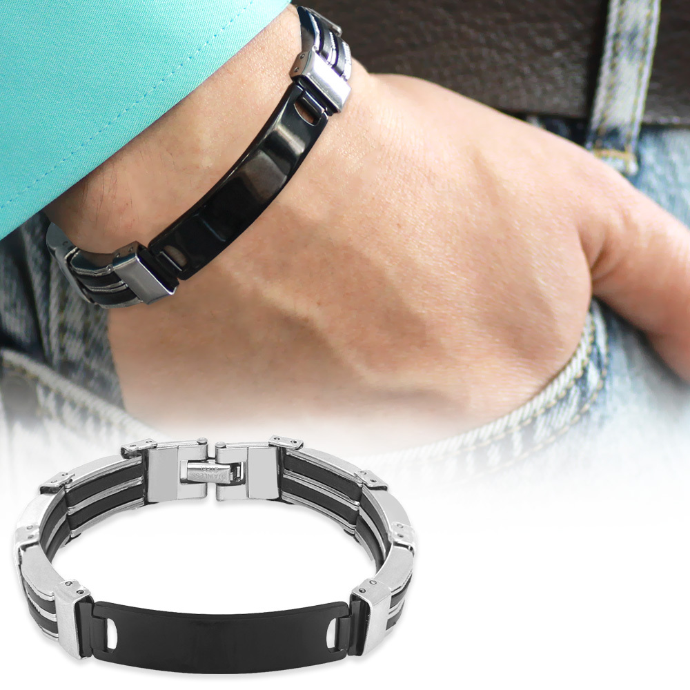 İsme Özel Yazılı Gümüş Siyah Renk Çelik Erkek Bileklik - M2 - 1