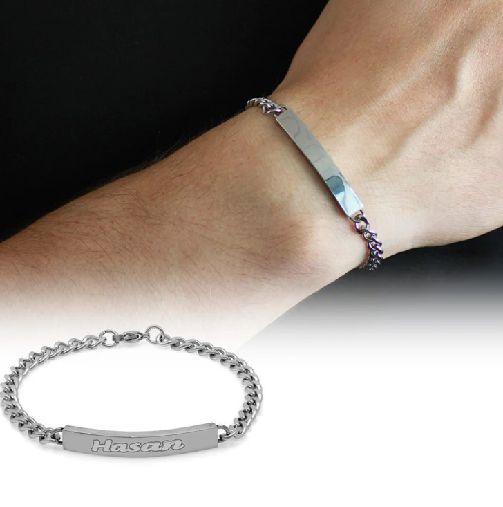 Kişiye Özel İsim Yazılı Gümüş Renk Çelik Erkek Gurmet Bileklik - 1