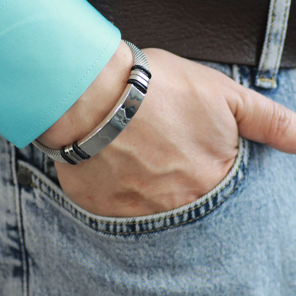 İsme Özel Yazılı Gümüş Renk Çelik Erkek Hasır Bileklik - 3