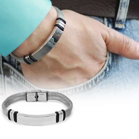 İsme Özel Yazılı Gümüş Renk Çelik Erkek Hasır Bileklik - Tesbihane