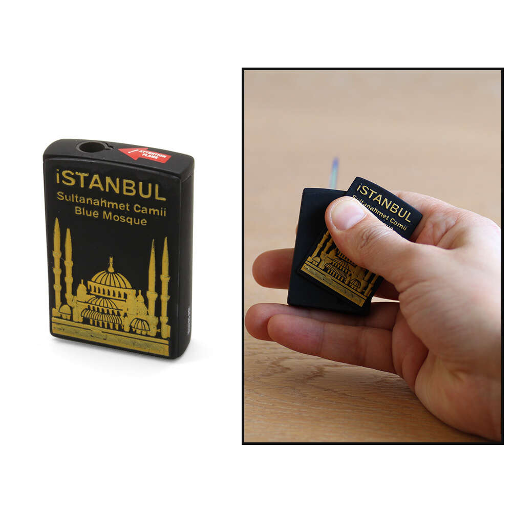 İsme Özel Yazılı Sultan Ahmet Camii Temalı Yandan Mekanizmalı Mat Siyah Renk Manyotorlu Metal Çakmak - 1