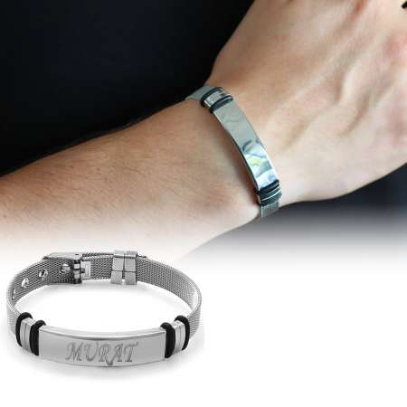 İsme Özel Yazılı Uzunluk Ayarlı Gümüş Renk Çelik Erkek Hasır Bileklik - Tesbihane