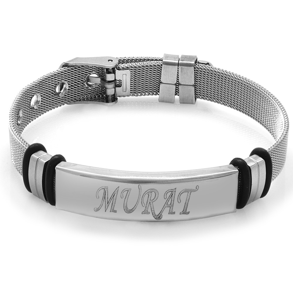 İsme Özel Yazılı Uzunluk Ayarlı Gümüş Renk Çelik Erkek Hasır Bileklik - 3