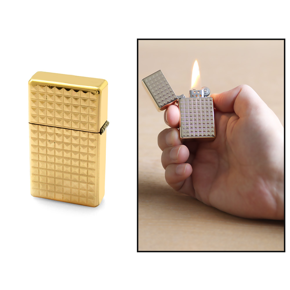 Kişiye Özel İsim Yazılı Zippo Tasarım Kare Desenli Altın Rengi Taşlı Çakmak - 1
