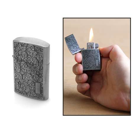 İsme Özel Yazılı Zippo Tasarım Sarmaşık İşlemeli Gümüş Renk Taşlı Çakmak - Tesbihane