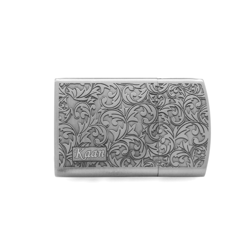 Kişiye Özel İsim Yazılı Zippo Tasarım Sarmaşık İşlemeli Gümüş Renk Taşlı Çakmak - 3