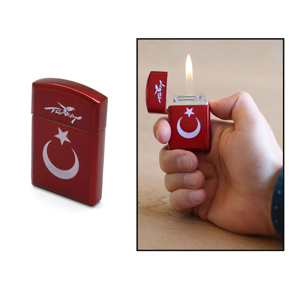 İsme Özel Yazılı Zippo Tasarım Üzeri Ay Yıldız İşlemeli Kırmızı Beyaz Renk Taşlı Metal Çakmak - 1