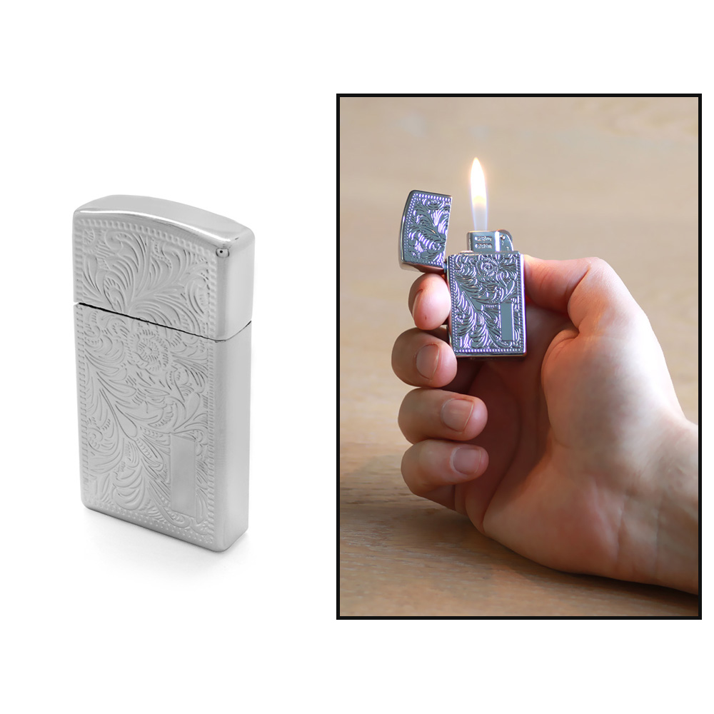 Kişiye Özel İsim Yazılı Zippo Tasarım Zenit Mekanizmalı Üzeri İşlemeli Gümüş Renk Taşlı Metal Çakmak - 1