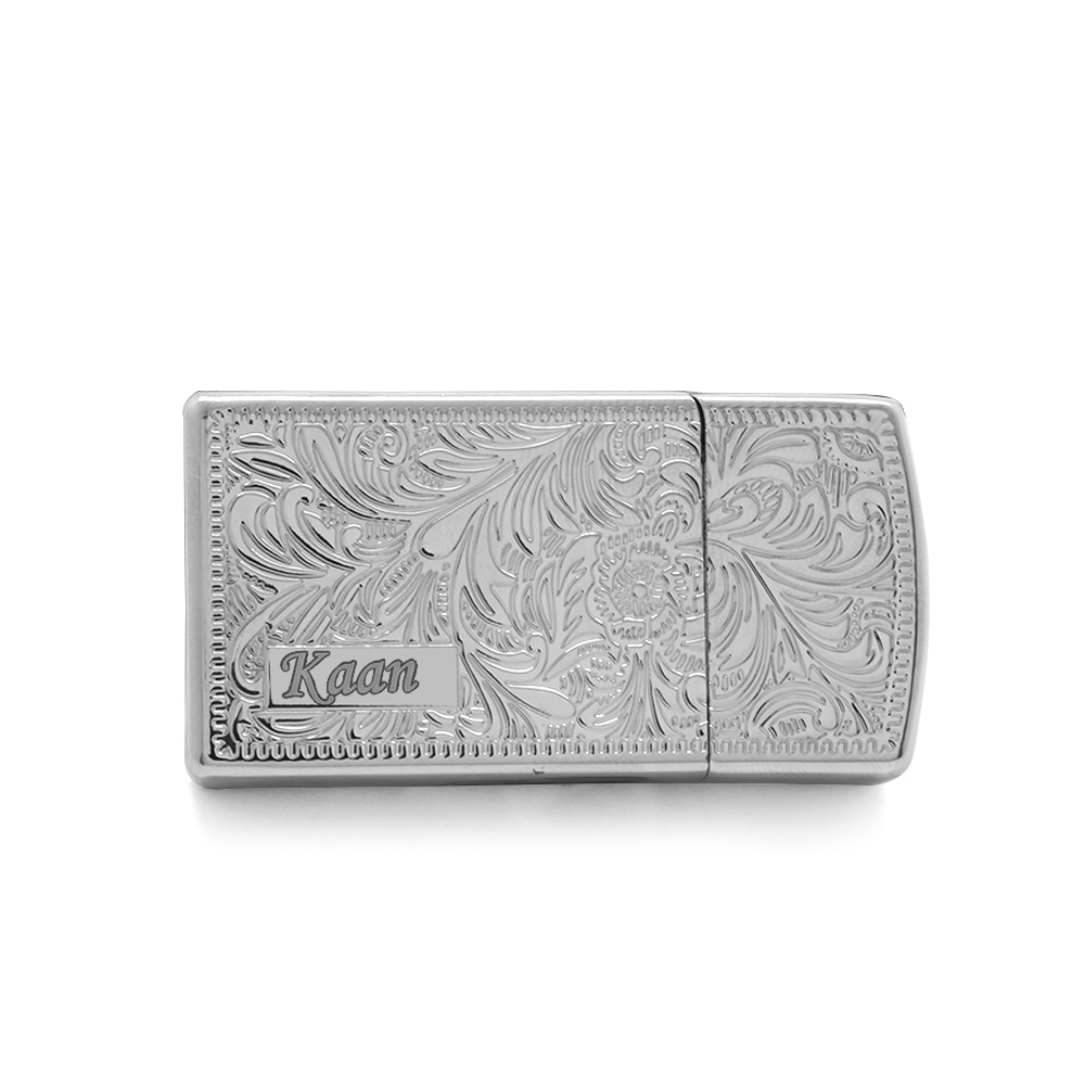 Kişiye Özel İsim Yazılı Zippo Tasarım Zenit Mekanizmalı Üzeri İşlemeli Gümüş Renk Taşlı Metal Çakmak - 4
