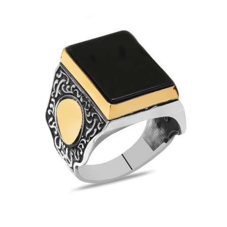 İsme Özel Yazılı Siyah Oniks Taşlı 925 Ayar Gümüş Erkek Yüzük - Tesbihane