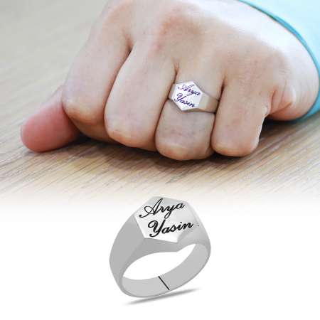 İsme Özel Yazılı Altıgen Tasarım 925 Ayar Gümüş Erkek Yüzük - Tesbihane