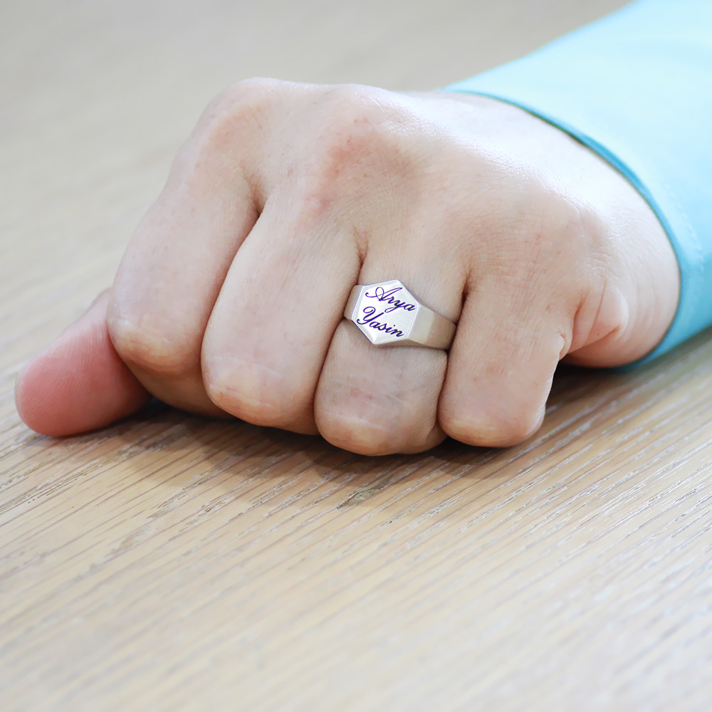 İsme Özel Yazılı Altıgen Tasarım 925 Ayar Gümüş Erkek Yüzük - 2