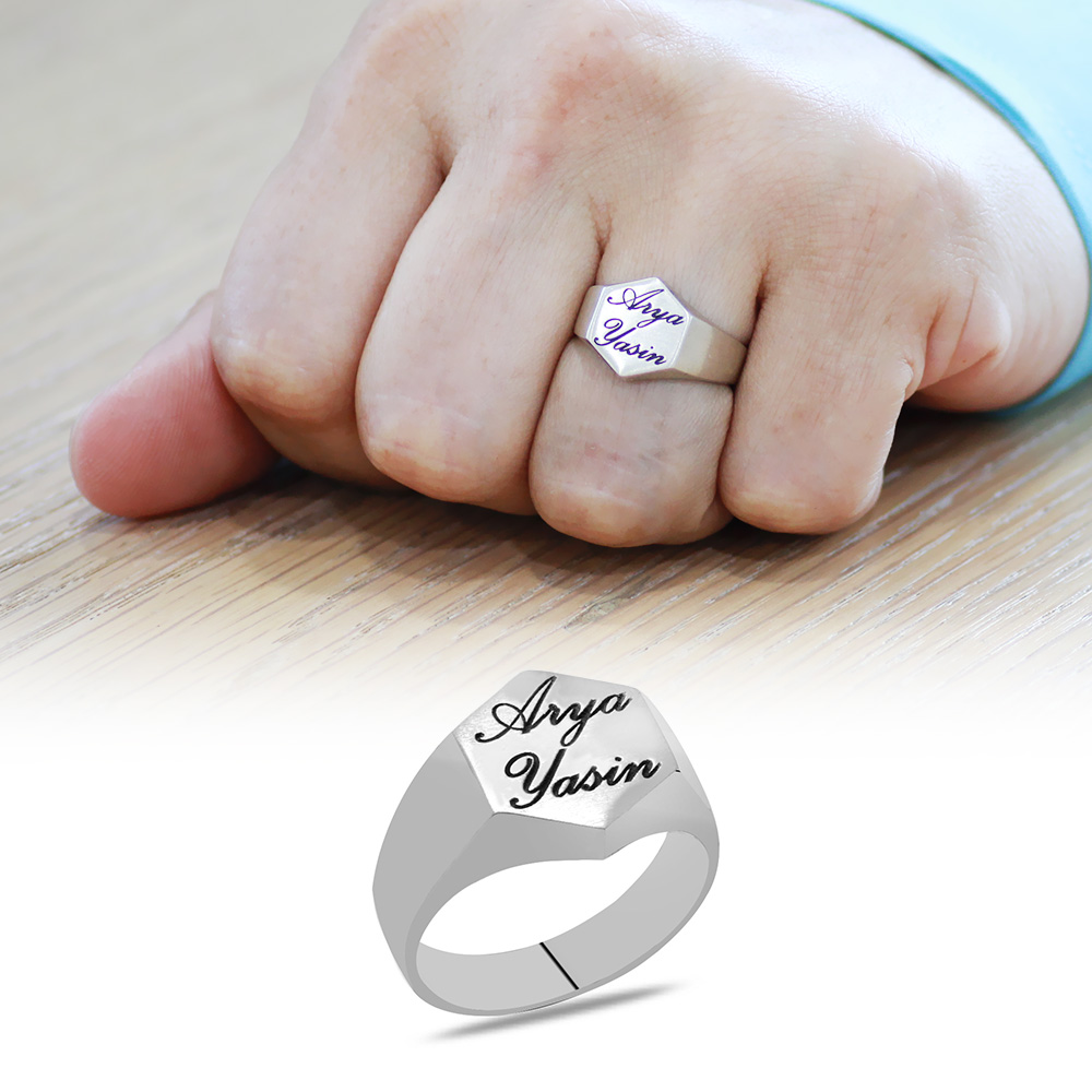 İsme Özel Yazılı Altıgen Tasarım 925 Ayar Gümüş Erkek Yüzük - 1