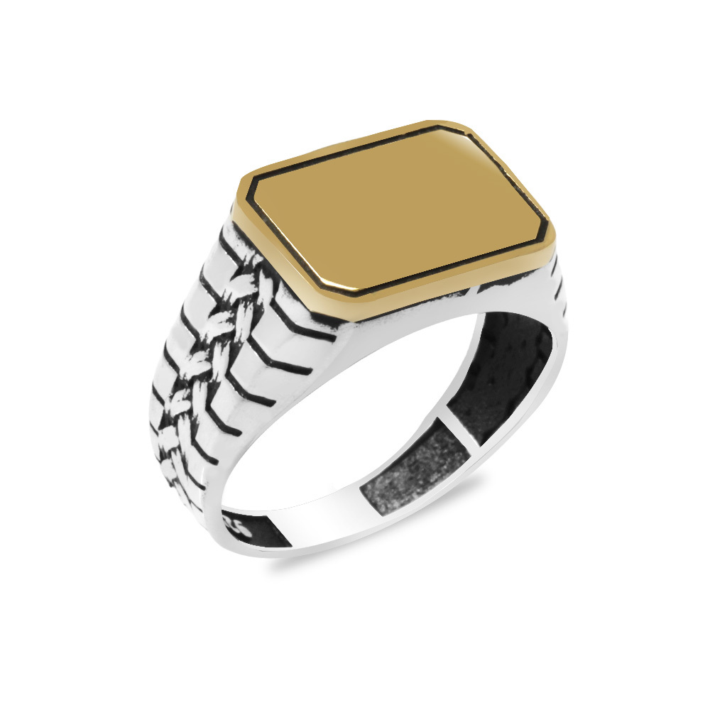 İsme Özel Veya Harf Yazılı Kenarları Zincir Detaylı Dikdörtgen Tasarım 925 Ayar Gümüş Erkek Yüzük - 2