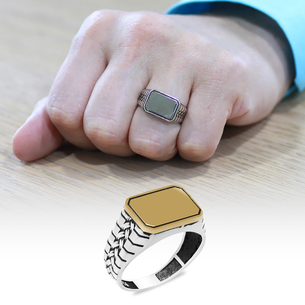 İsme Özel Veya Harf Yazılı Kenarları Zincir Detaylı Dikdörtgen Tasarım 925 Ayar Gümüş Erkek Yüzük - 1