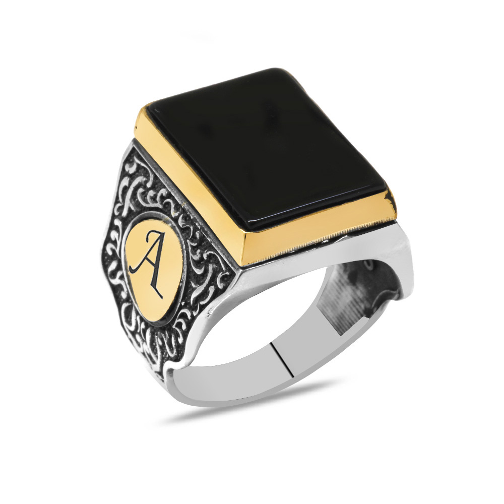 İsme Özel Yazılı Siyah Oniks Taşlı 925 Ayar Gümüş Erkek Yüzük - 2