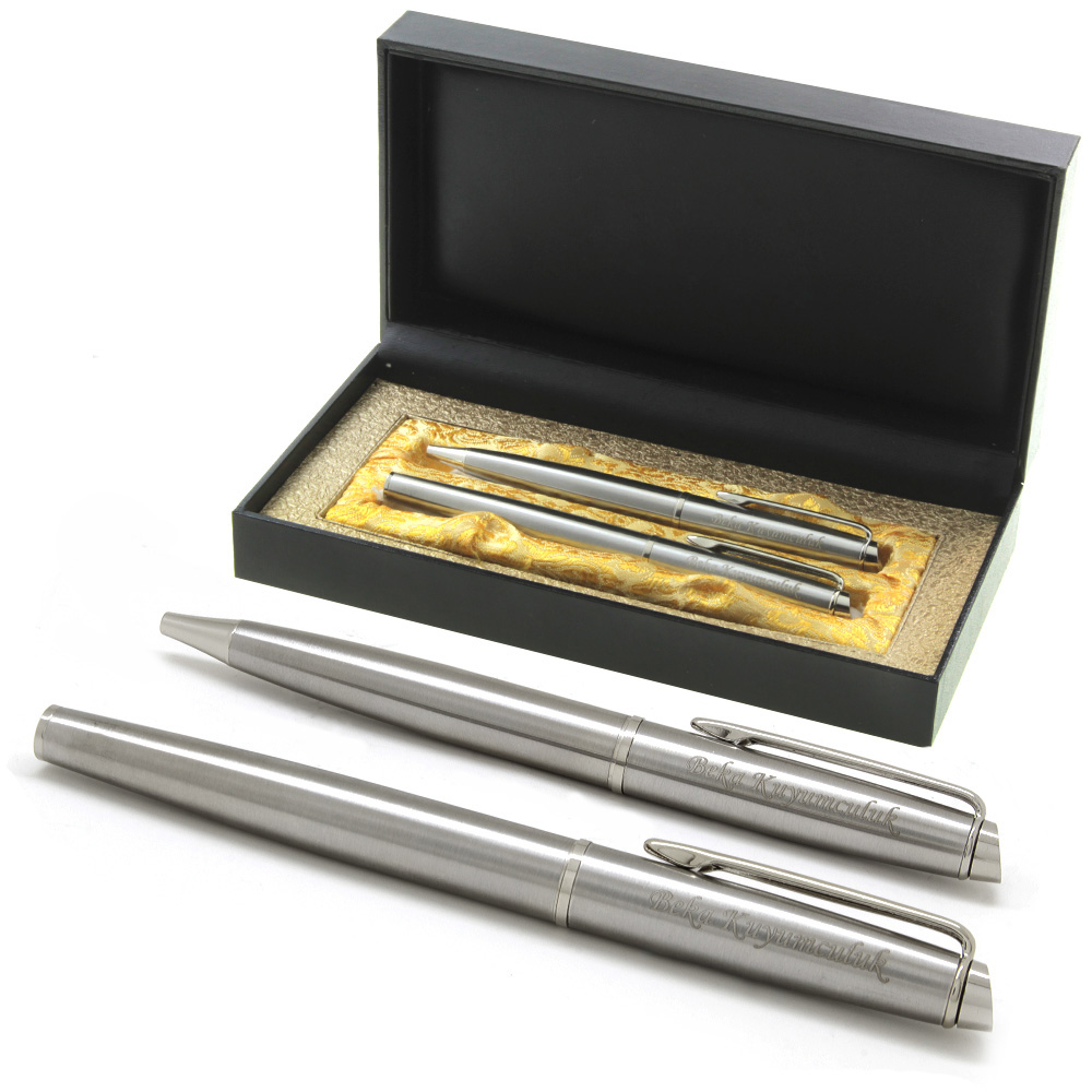 Mavi Mürekkep İsme Özel Krom Roller Tükenmez Kalem Seti - 1