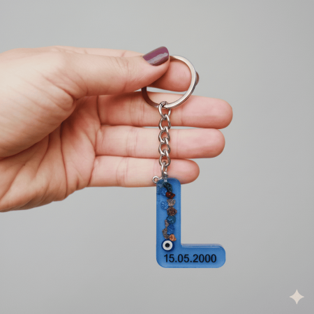 L Harfi - Kişiye Özel - Epoksi Reçine Anahtarlık - El Yapımı - Çelik Tokalı - Tesbihane