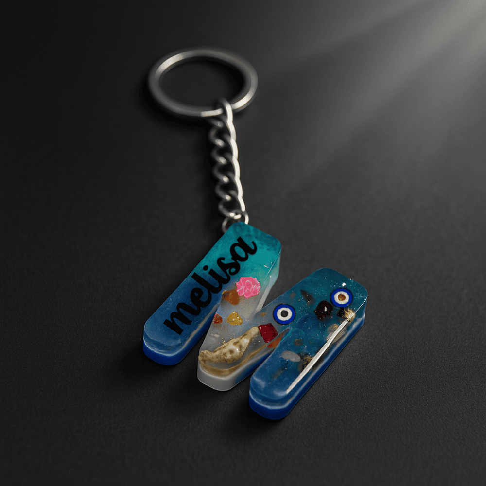 M Harfi - Kişiye Özel - Epoksi Reçine Anahtarlık - El Yapımı - Çelik Tokalı - 3