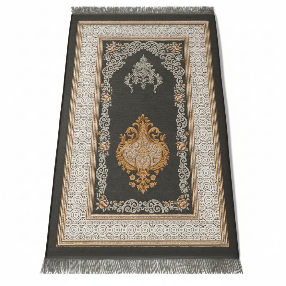 Kişiye Özel Nakış İşlemeli Çiçek Desenli Kendinden Saçaklı Gri Renk Hediyelik Seccade - 4