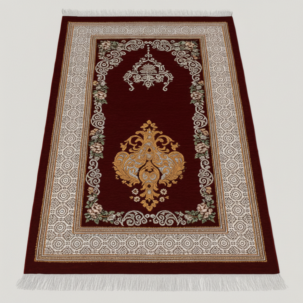 Kişiye Özel Nakış İşlemeli Çiçek Desenli Kendinden Saçaklı Kırmızı Renk Hediyelik Seccade - 5