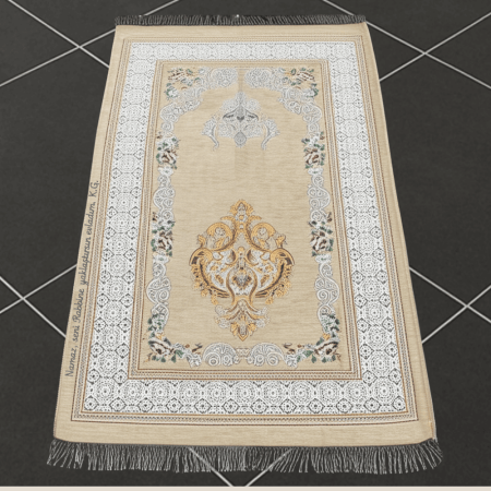 Kişiye Özel Nakış İşlemeli Çiçek Desenli Kendinden Saçaklı Krem Rengi Hediyelik Seccade - Tesbihane