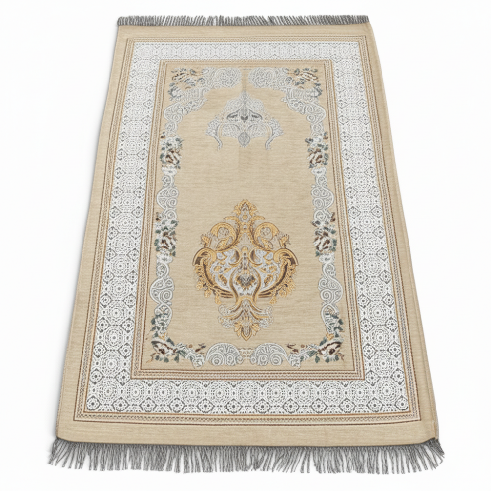 Kişiye Özel Nakış İşlemeli Çiçek Desenli Kendinden Saçaklı Krem Rengi Hediyelik Seccade - 4