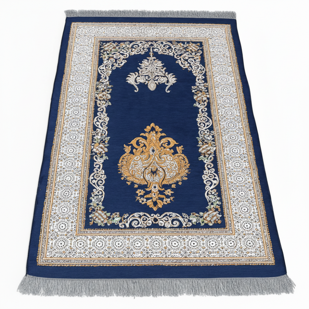 Kişiye Özel Nakış İşlemeli Çiçek Desenli Kendinden Saçaklı Lacivert Renk Hediyelik Seccade - 4