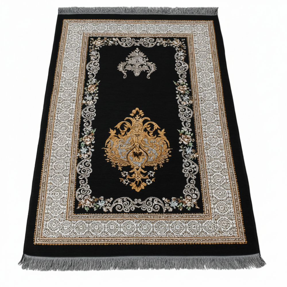 Kişiye Özel Nakış İşlemeli Çiçek Desenli Kendinden Saçaklı Siyah Renk Hediyelik Seccade - 4