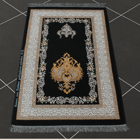 Kişiye Özel Nakış İşlemeli Çiçek Desenli Kendinden Saçaklı Siyah Renk Hediyelik Seccade - Tesbihane