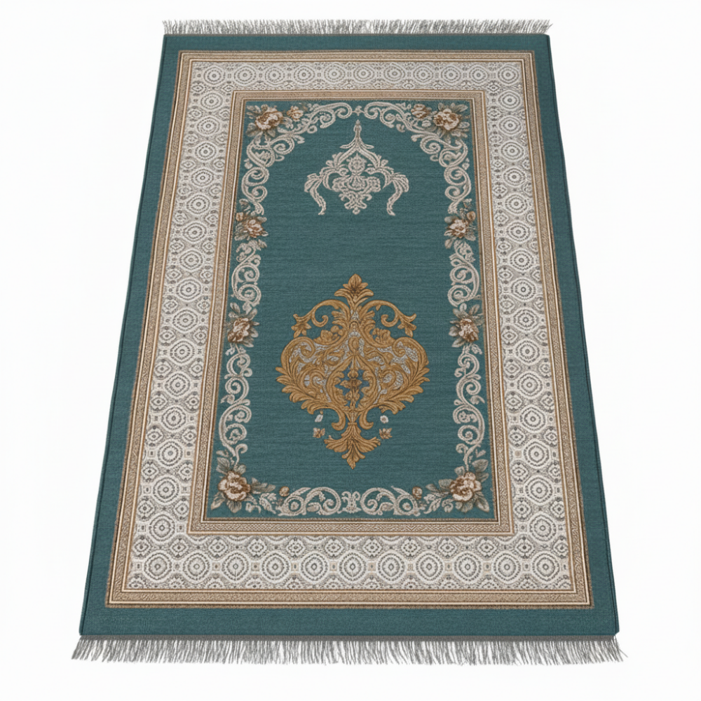 Kişiye Özel Nakış İşlemeli Çiçek Desenli Kendinden Saçaklı Turkuaz Renk Hediyelik Seccade - 4