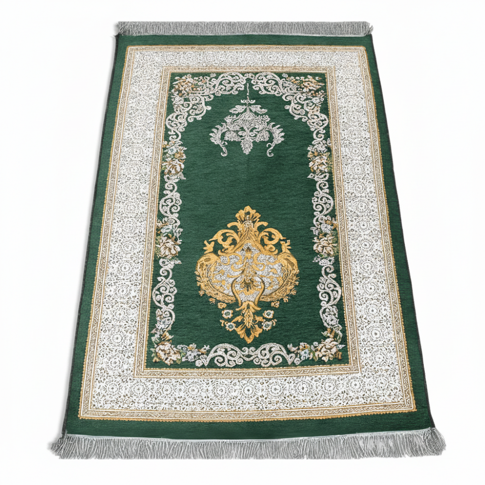 Kişiye Özel Nakış İşlemeli Çiçek Desenli Kendinden Saçaklı Yeşil Renk Hediyelik Seccade - 4