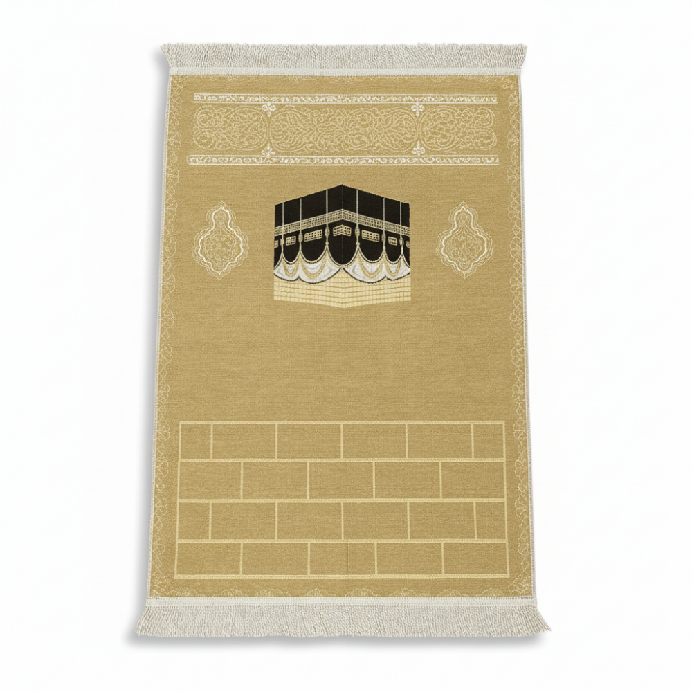 Kişiye Özel Nakış İşlemeli Kabe Motifli Saçaklı Krem Rengi Hediyelik Seccade - 4