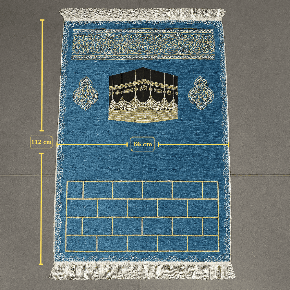 Kişiye Özel Nakış İşlemeli Kabe Motifli Özel Saçaklı Mavi Renk Hediyelik Seccade - 3