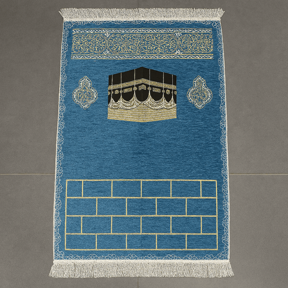 Kişiye Özel Nakış İşlemeli Kabe Motifli Özel Saçaklı Mavi Renk Hediyelik Seccade - 4