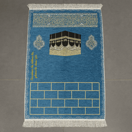 Kişiye Özel Nakış İşlemeli Kabe Motifli Saçaklı Mavi Renk Hediyelik Seccade - Tesbihane
