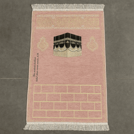 Kişiye Özel Nakış İşlemeli Kabe Motifli Saçaklı Pembe Renk Hediyelik Seccade - Tesbihane