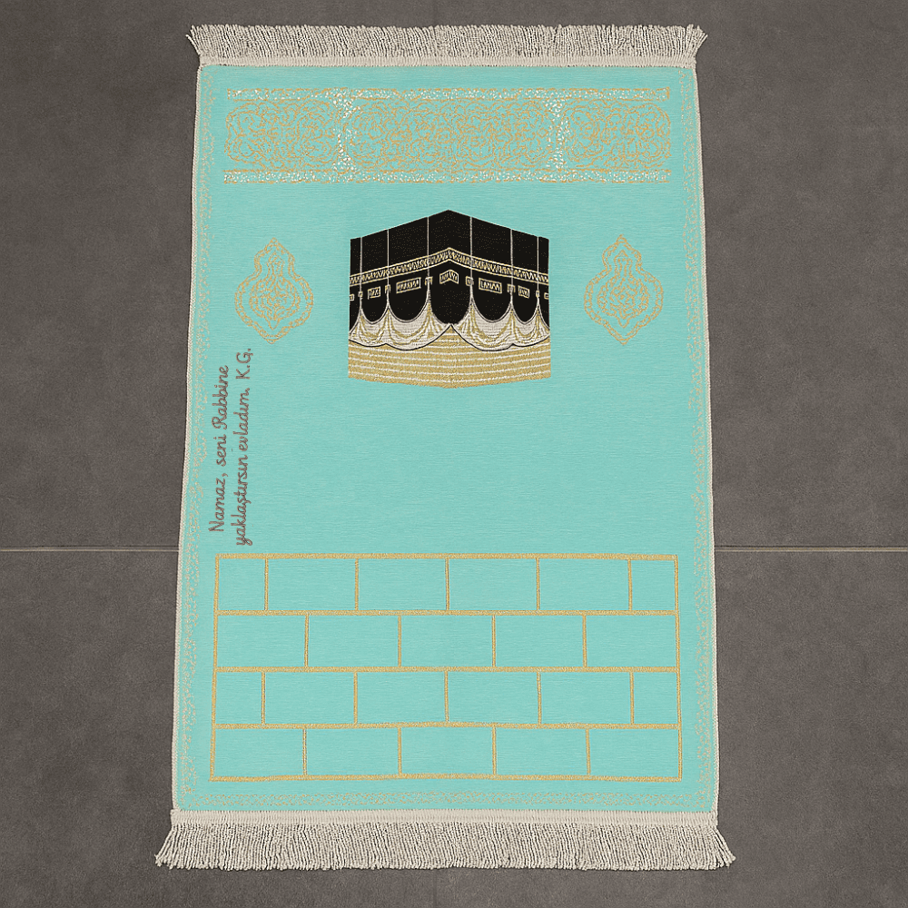 Kişiye Özel Nakış İşlemeli Kabe Motifli Özel Saçaklı Turkuaz Renk Hediyelik Seccade - 1