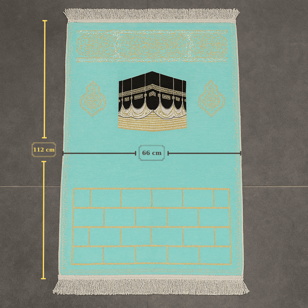 Kişiye Özel Nakış İşlemeli Kabe Motifli Özel Saçaklı Turkuaz Renk Hediyelik Seccade - 3