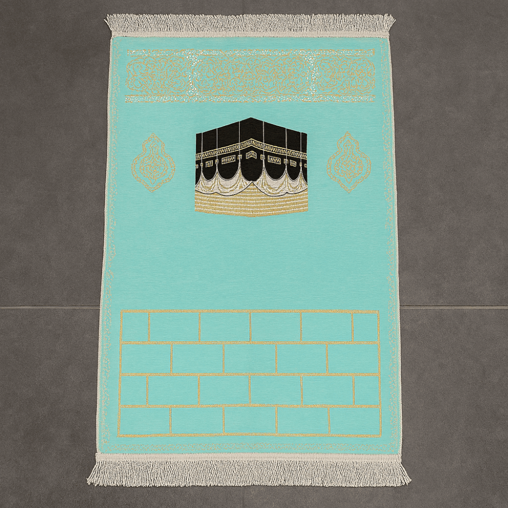Kişiye Özel Nakış İşlemeli Kabe Motifli Özel Saçaklı Turkuaz Renk Hediyelik Seccade - 4