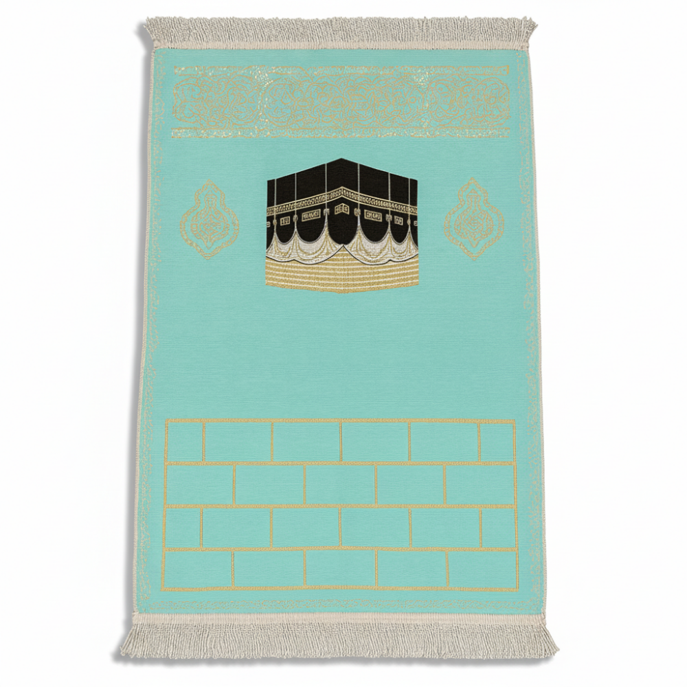 Kişiye Özel Nakış İşlemeli Kabe Motifli Saçaklı Turkuaz Renk Hediyelik Seccade - 4