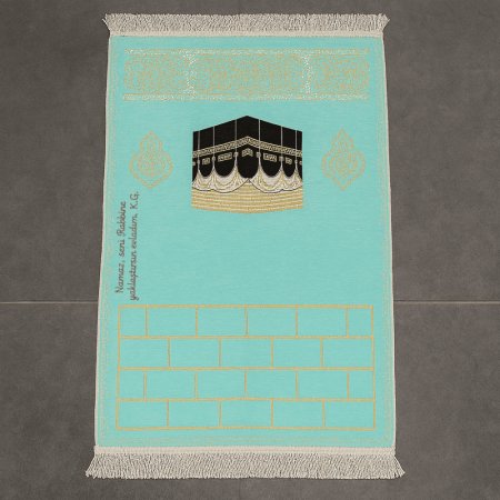 Kişiye Özel Nakış İşlemeli Kabe Motifli Saçaklı Turkuaz Renk Hediyelik Seccade - Tesbihane