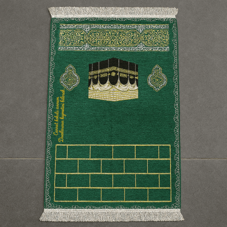 Kişiye Özel Nakış İşlemeli Kabe Motifli Saçaklı Yeşil Renk Hediyelik Seccade - Tesbihane