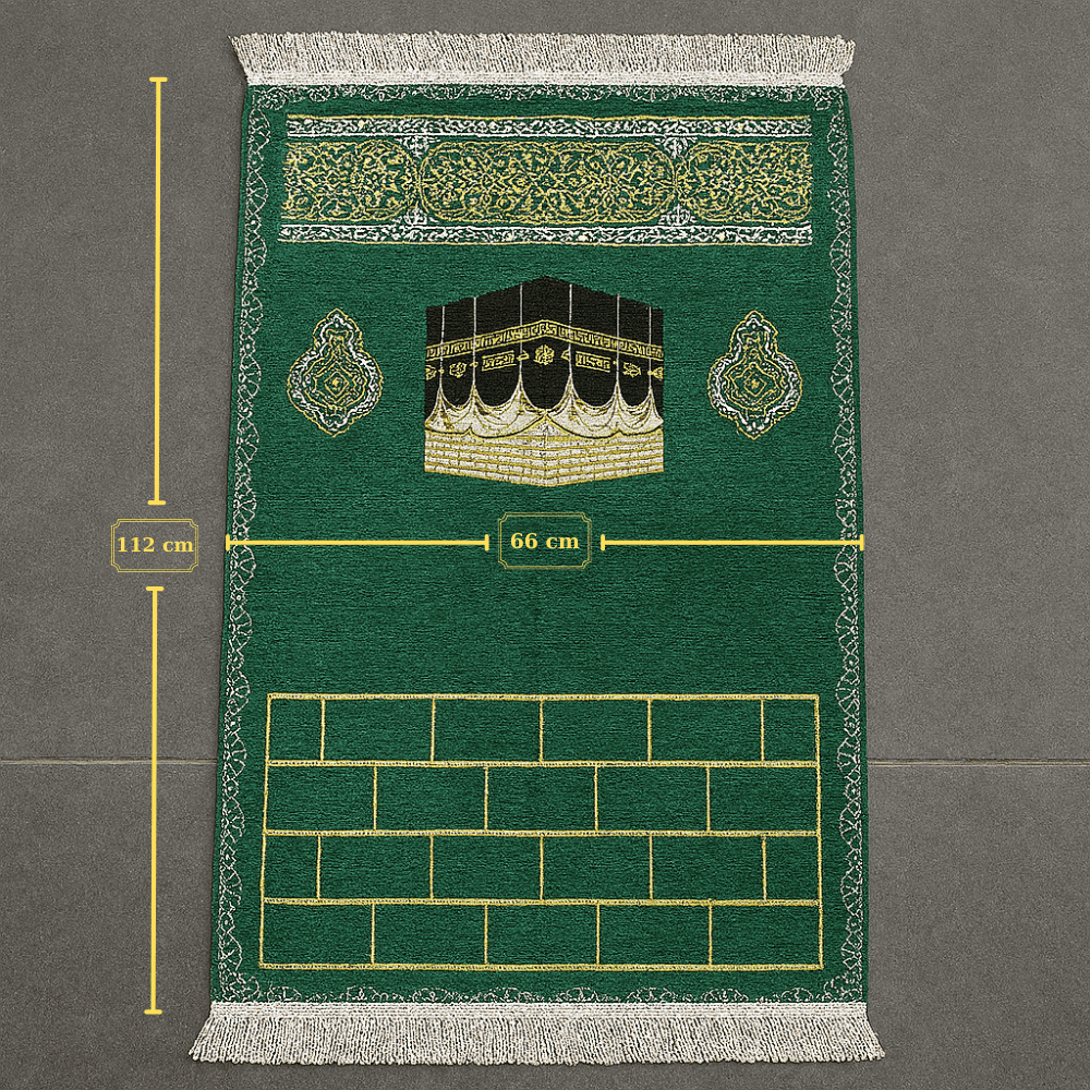 Kişiye Özel Nakış İşlemeli Kabe Motifli Özel Saçaklı Yeşil Renk Hediyelik Seccade - 3