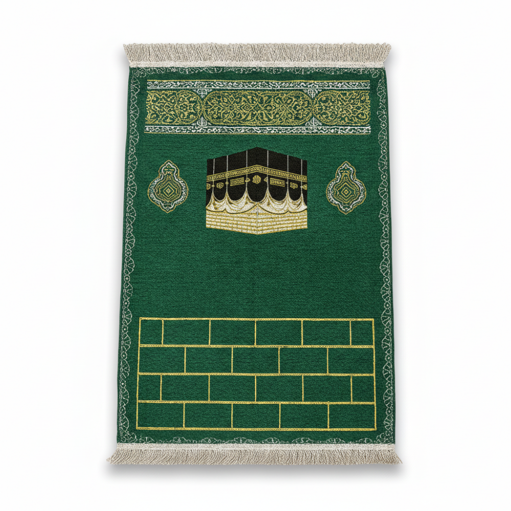 Kişiye Özel Nakış İşlemeli Kabe Motifli Saçaklı Yeşil Renk Hediyelik Seccade - 4