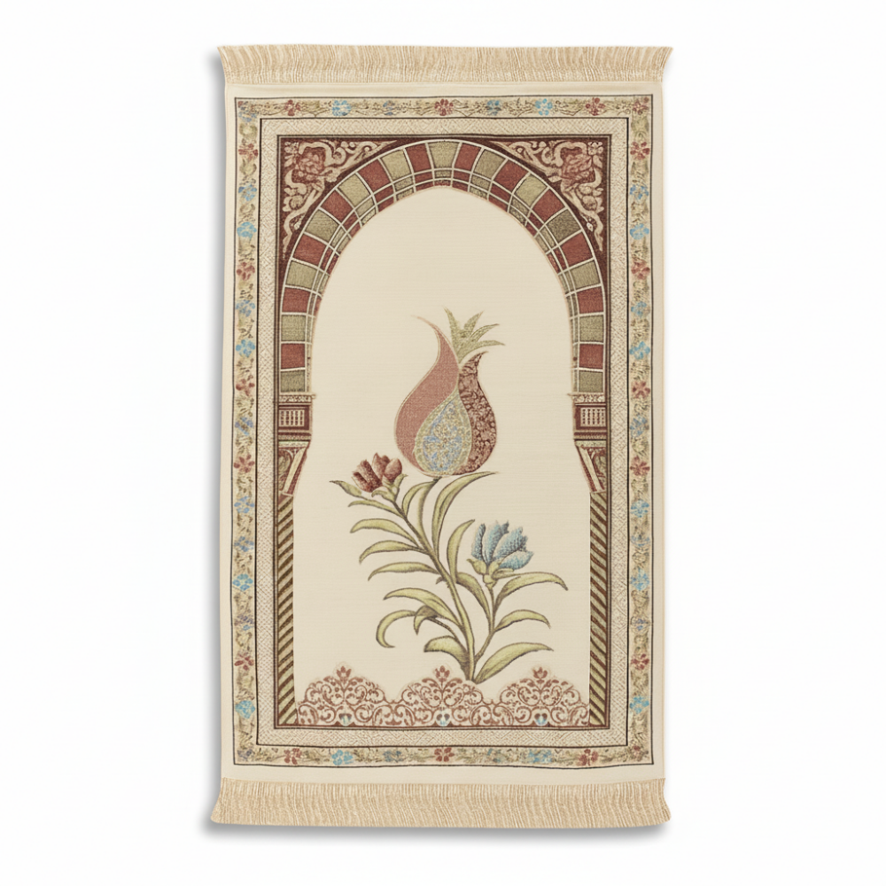 Kişiye Özel Nakış İşlemeli Lale Motifli Astarlı Saçaklı Beyaz Renk Hediyelik Seccade - 4